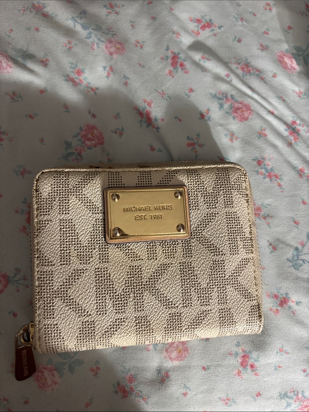 Michael Kors Beige Monogram Zip Wallet with Gold Plaque